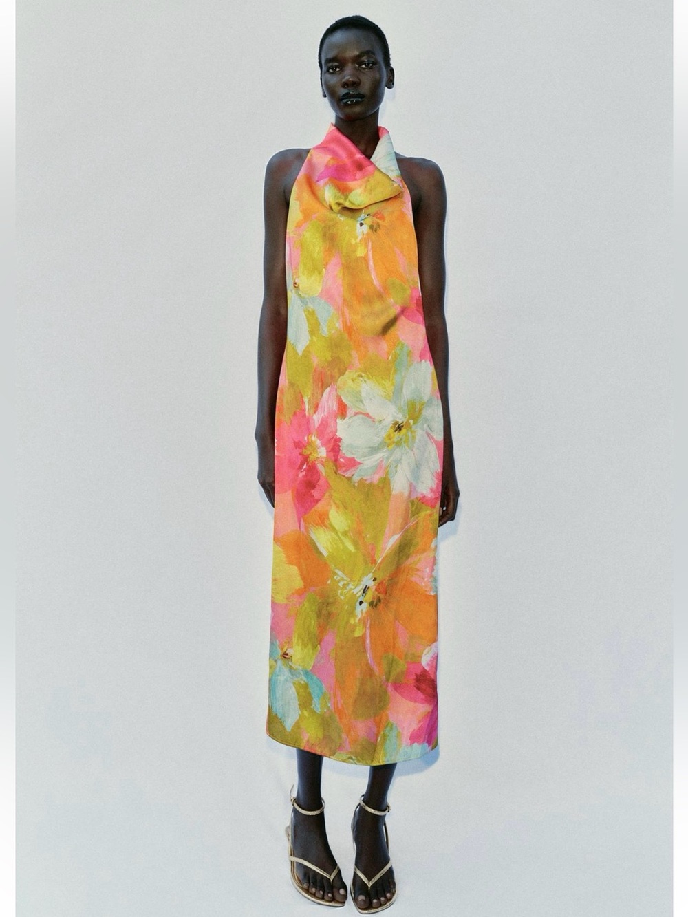 New ZARA Printed Satin Effect Midi Dress